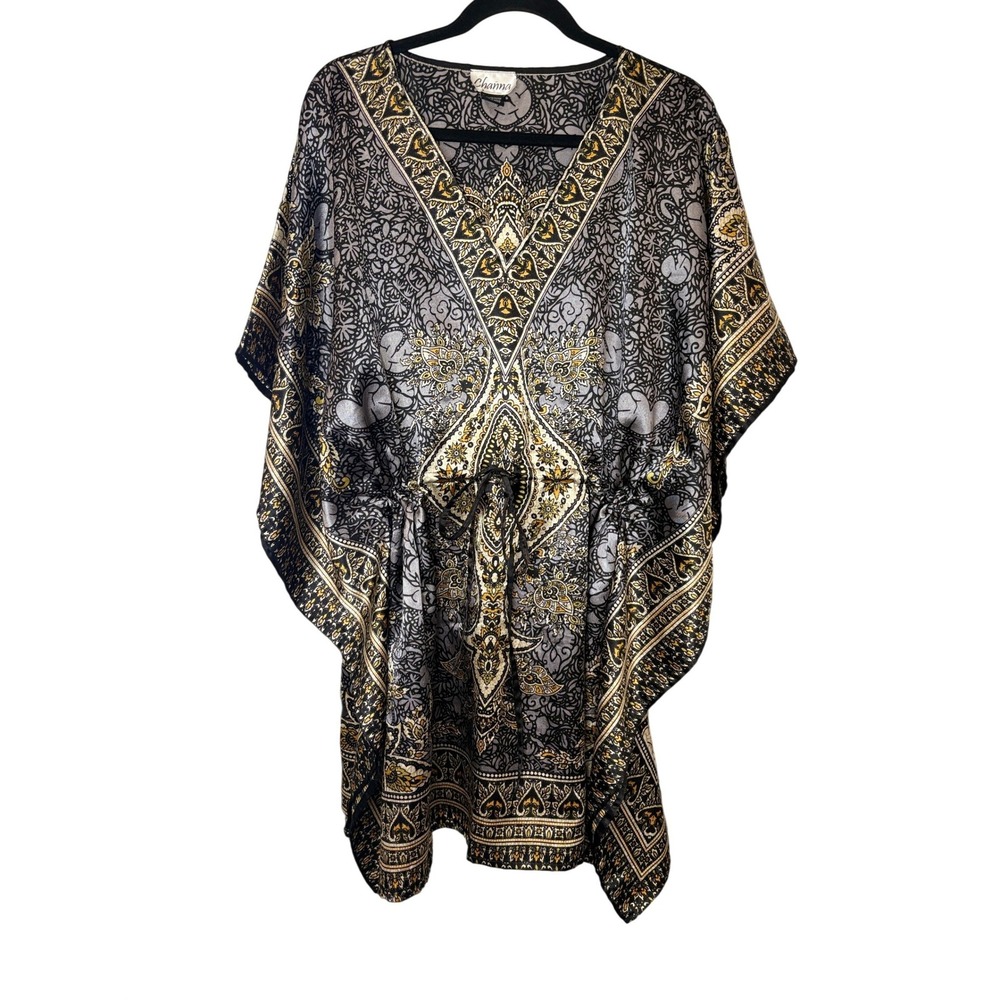 Channa Grey Paisley Kaftan Dress Women Free Size Boho Medallion V-Neck Tunic